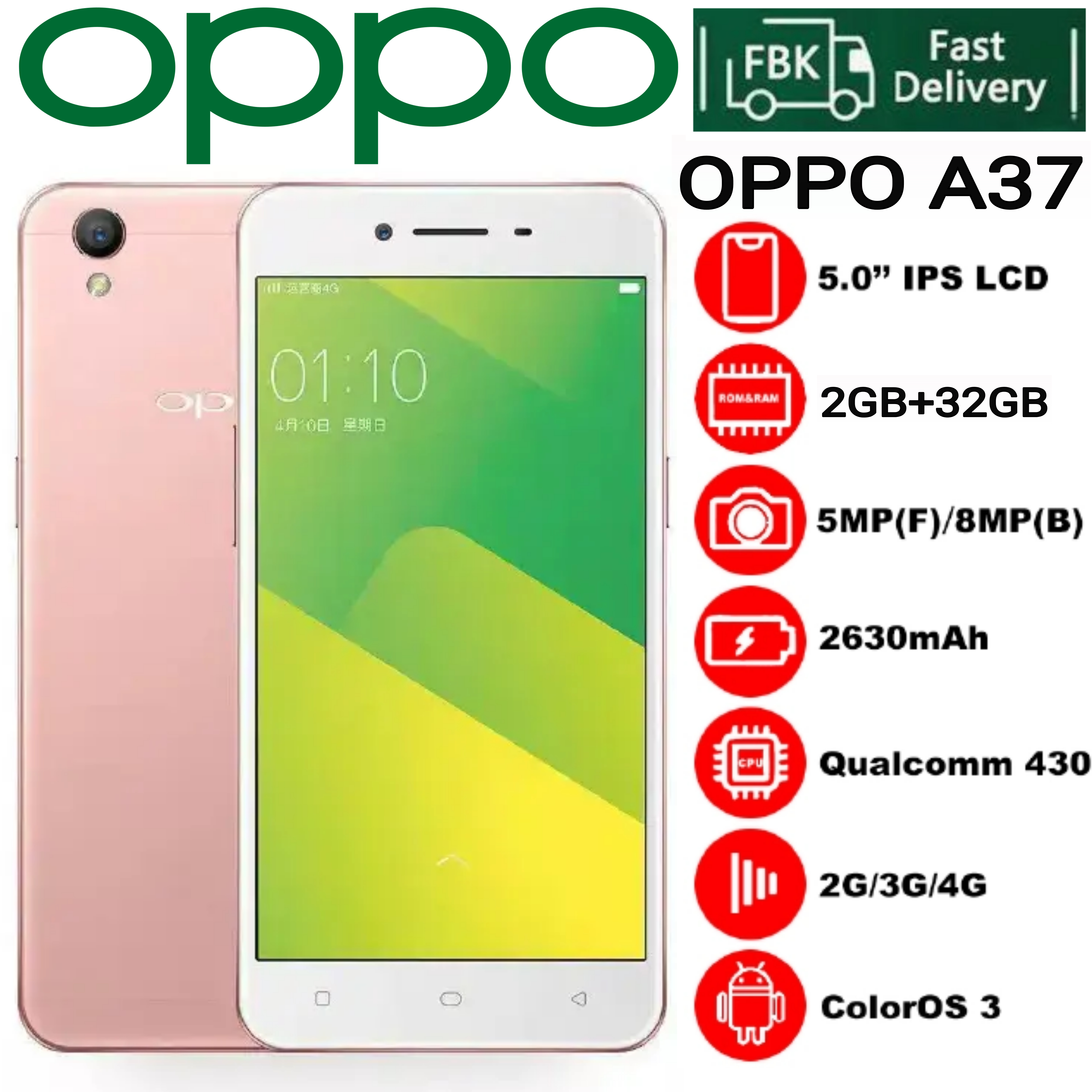 Refurbished OPPO A37 2GB RAM 32GB ROM 5" Screen 2630 mAh Dual SIM 5MP+8MP Android Smartphones/ Mobile Phones
