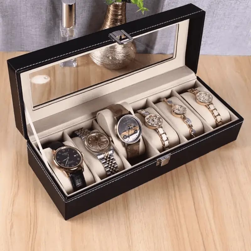 Velvet 6‑Slot Watch Organizer – Glass Lid Display Case