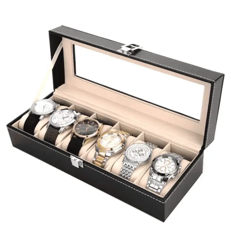 Velvet 6‑Slot Watch Organizer – Glass Lid Display Case
