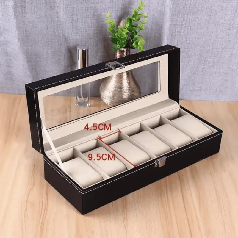 Velvet 6‑Slot Watch Organizer – Glass Lid Display Case