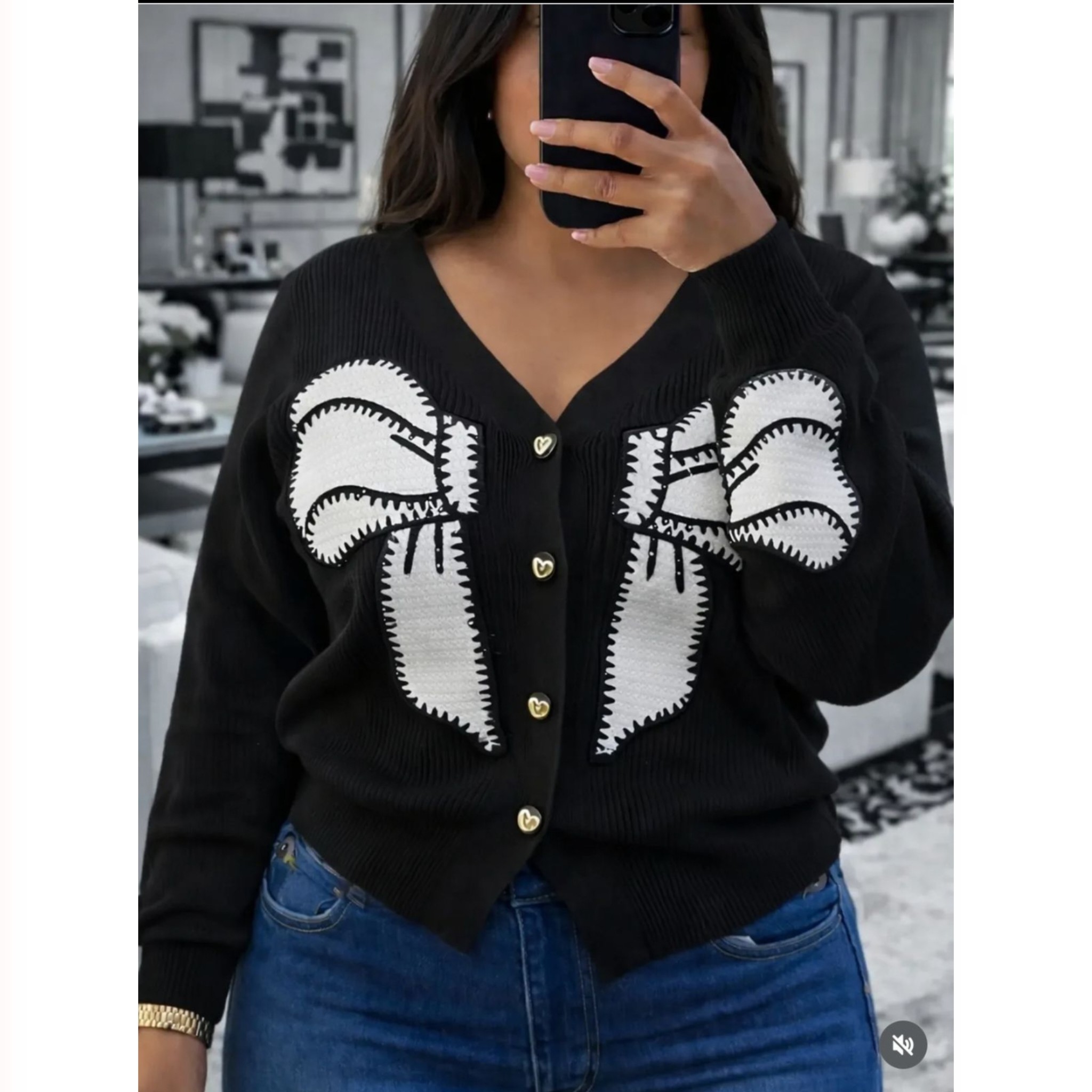 Women's Black Soft Knitted Wool cardigan Sweater - Long Sleeve, with Bow Detail -Button-Up Sweater for Women