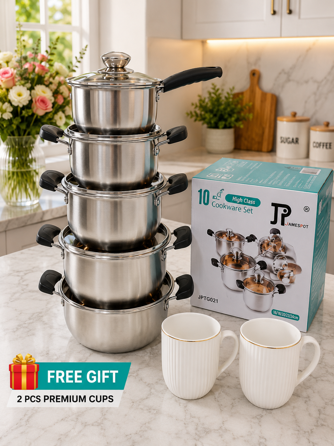 SPECIAL MEGA OFFER JP Heavy Duty 10PCS Stainless Steel Cookware Set – Induction Base Cooking Pots/Sufuria Set With Glass Lids | Non-Stick Durable Kitchen Cookware