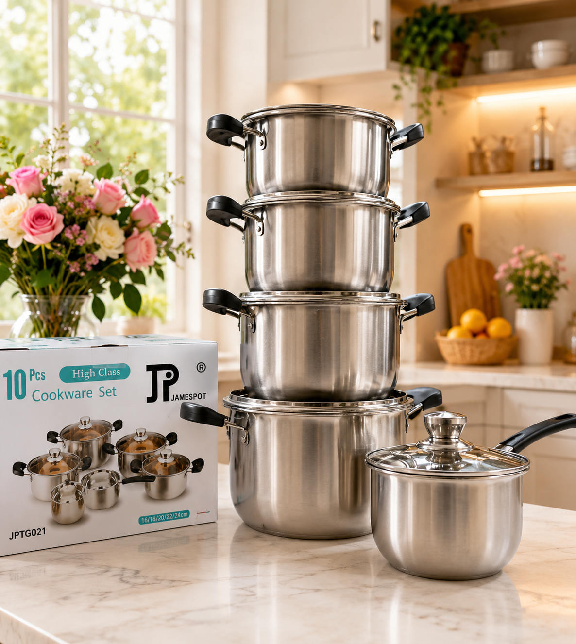 SPECIAL MEGA OFFER JP Heavy Duty 10PCS Stainless Steel Cookware Set – Induction Base Cooking Pots/Sufuria Set With Glass Lids | Non-Stick Durable Kitchen Cookware