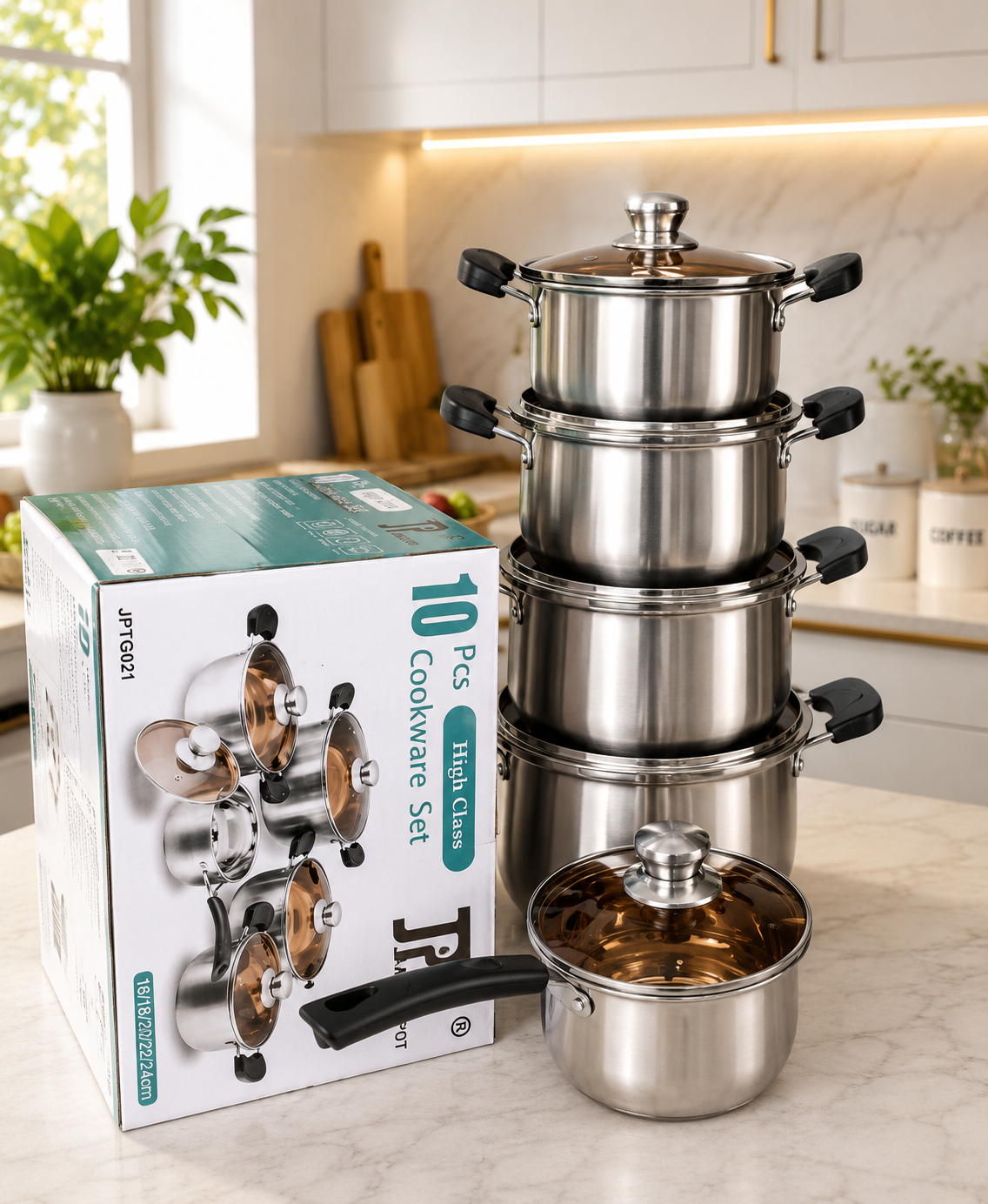 SPECIAL MEGA OFFER JP Heavy Duty 10PCS Stainless Steel Cookware Set – Induction Base Cooking Pots/Sufuria Set With Glass Lids | Non-Stick Durable Kitchen Cookware