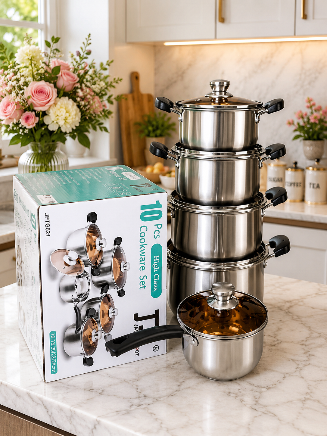 SPECIAL MEGA OFFER JP Heavy Duty 10PCS Stainless Steel Cookware Set – Induction Base Cooking Pots/Sufuria Set With Glass Lids | Non-Stick Durable Kitchen Cookware