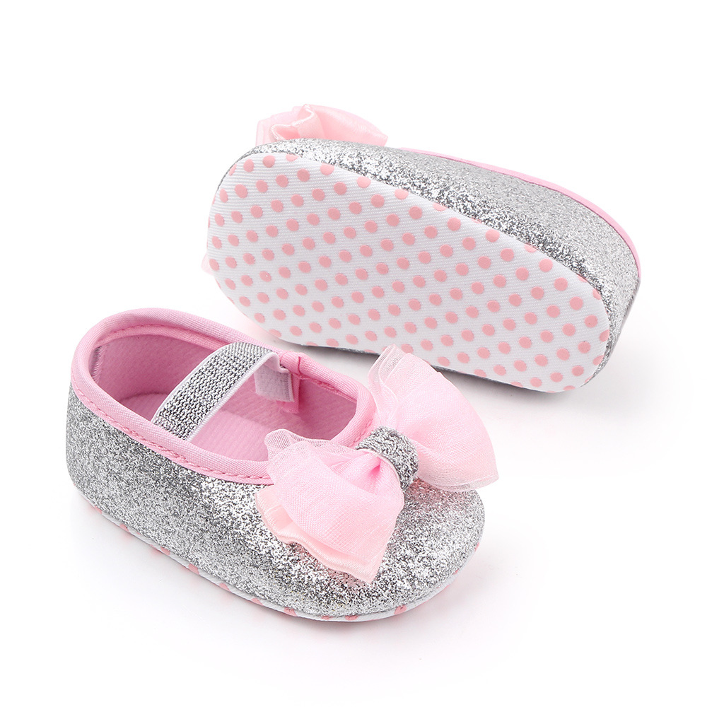 Baby Girls Sequins Doll Shoes Mary Jane Flats Glitter Lace Bowknot Lovely Princess Shoes Anti-Slip First Walkers Infant Footwear