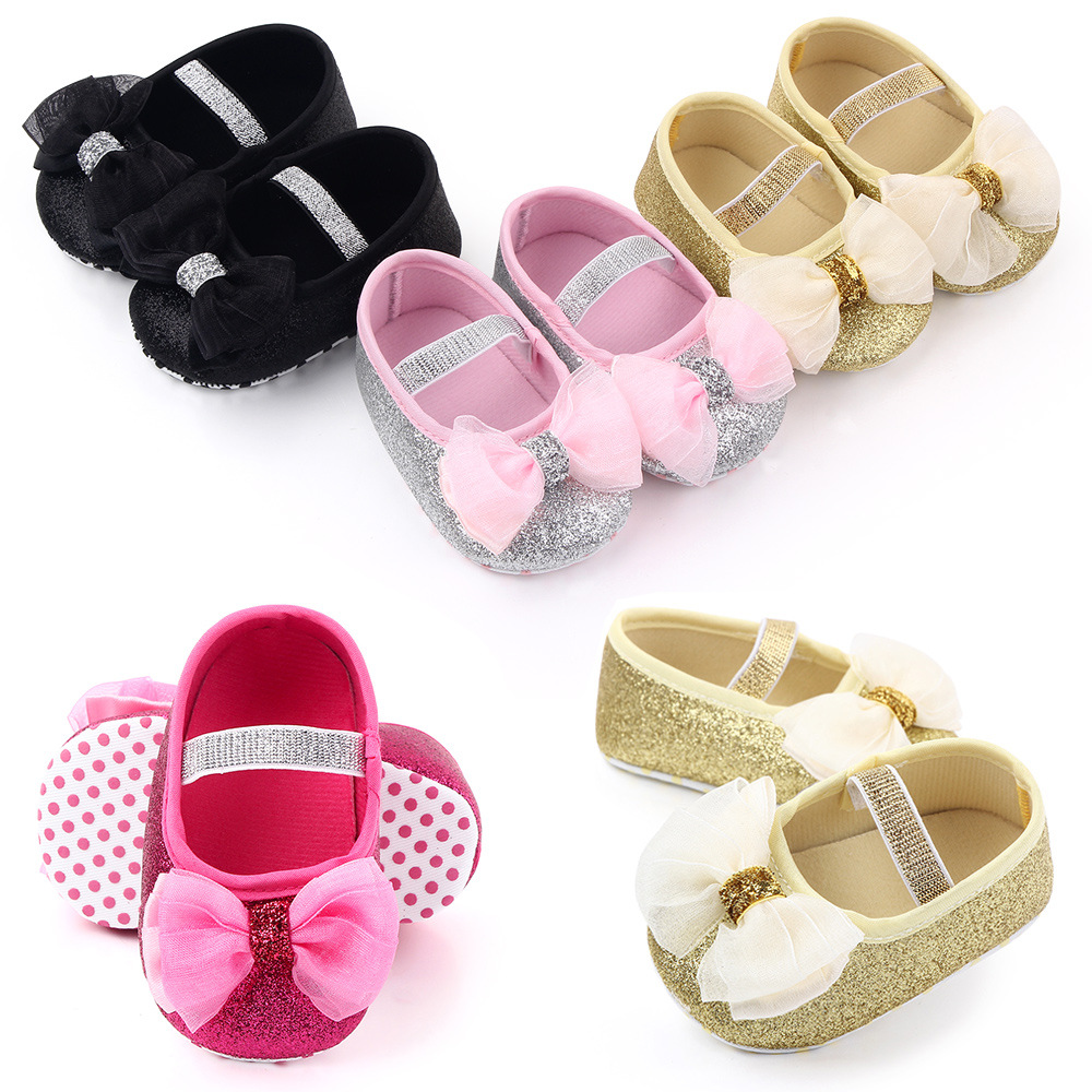 Baby Girls Sequins Doll Shoes Mary Jane Flats Glitter Lace Bowknot Lovely Princess Shoes Anti-Slip First Walkers Infant Footwear