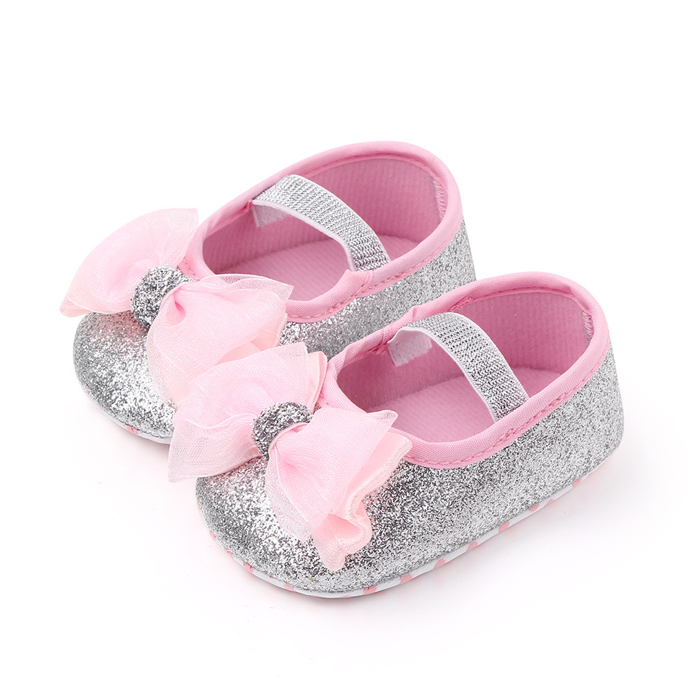 Baby Girls Sequins Doll Shoes Mary Jane Flats Glitter Lace Bowknot Lovely Princess Shoes Anti-Slip First Walkers Infant Footwear
