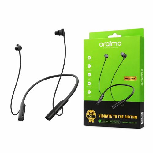 The Oraimo Necklace Lite (OEB-311) is a  wireless neckband offering up to 30 hours of playtime, 10mm drivers with HavyBass™ technology, and Bluetooth 5.3. It features call vibration alert dual-device
