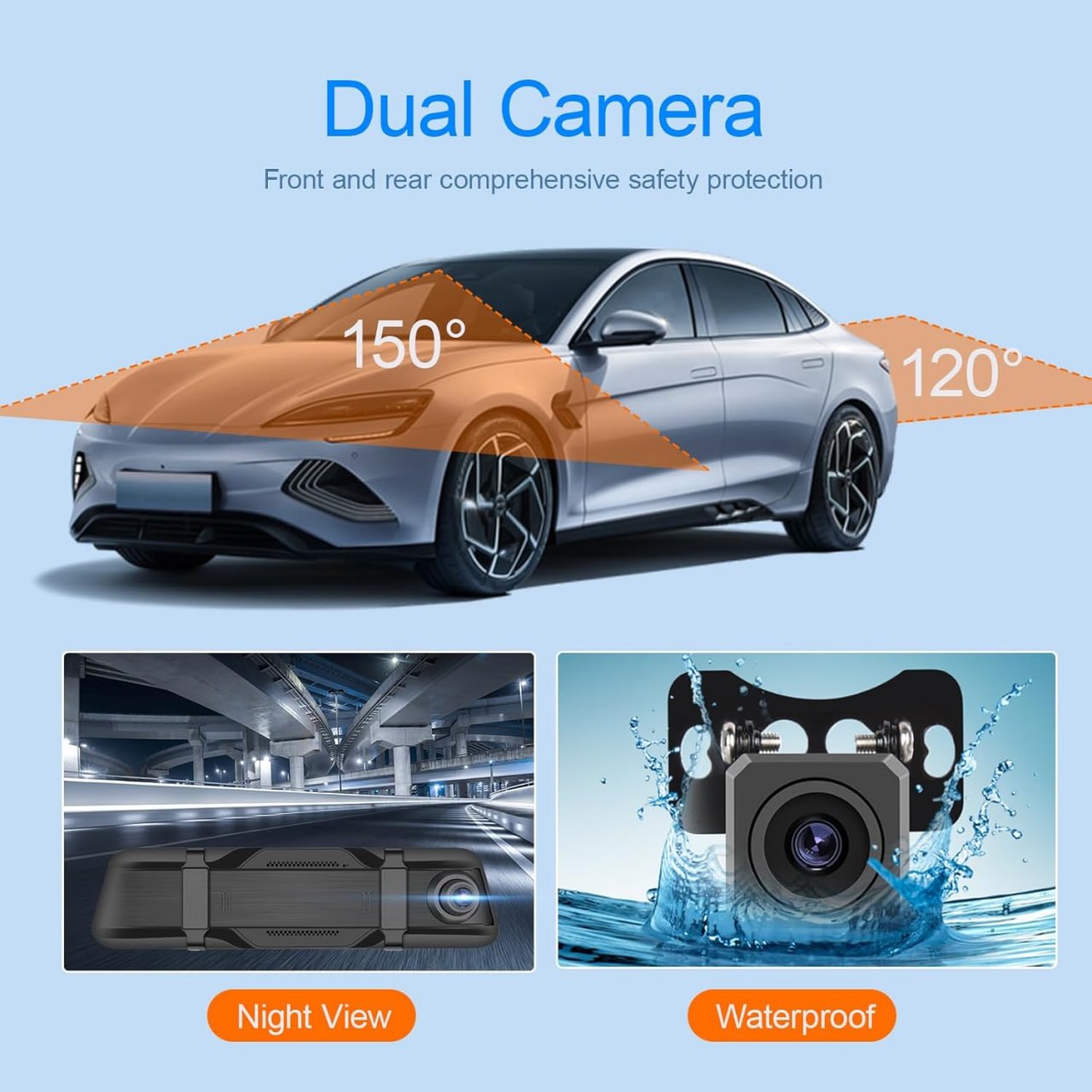 Mirror Dash Cam Car Camera (Front, back and inside the vehicle) Night Vision, Parking Assistance with WiFi (Phone app) to view remotely on your phone.