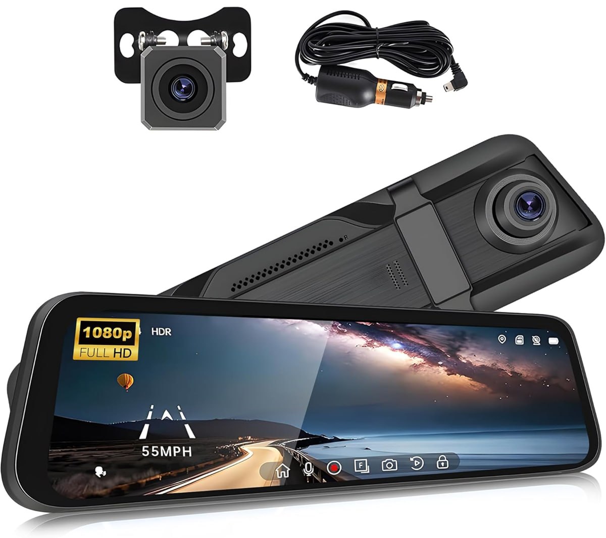 Mirror Dash Cam Car Camera (Front, back and inside the vehicle) Night Vision, Parking Assistance with WiFi (Phone app) to view remotely on your phone.
