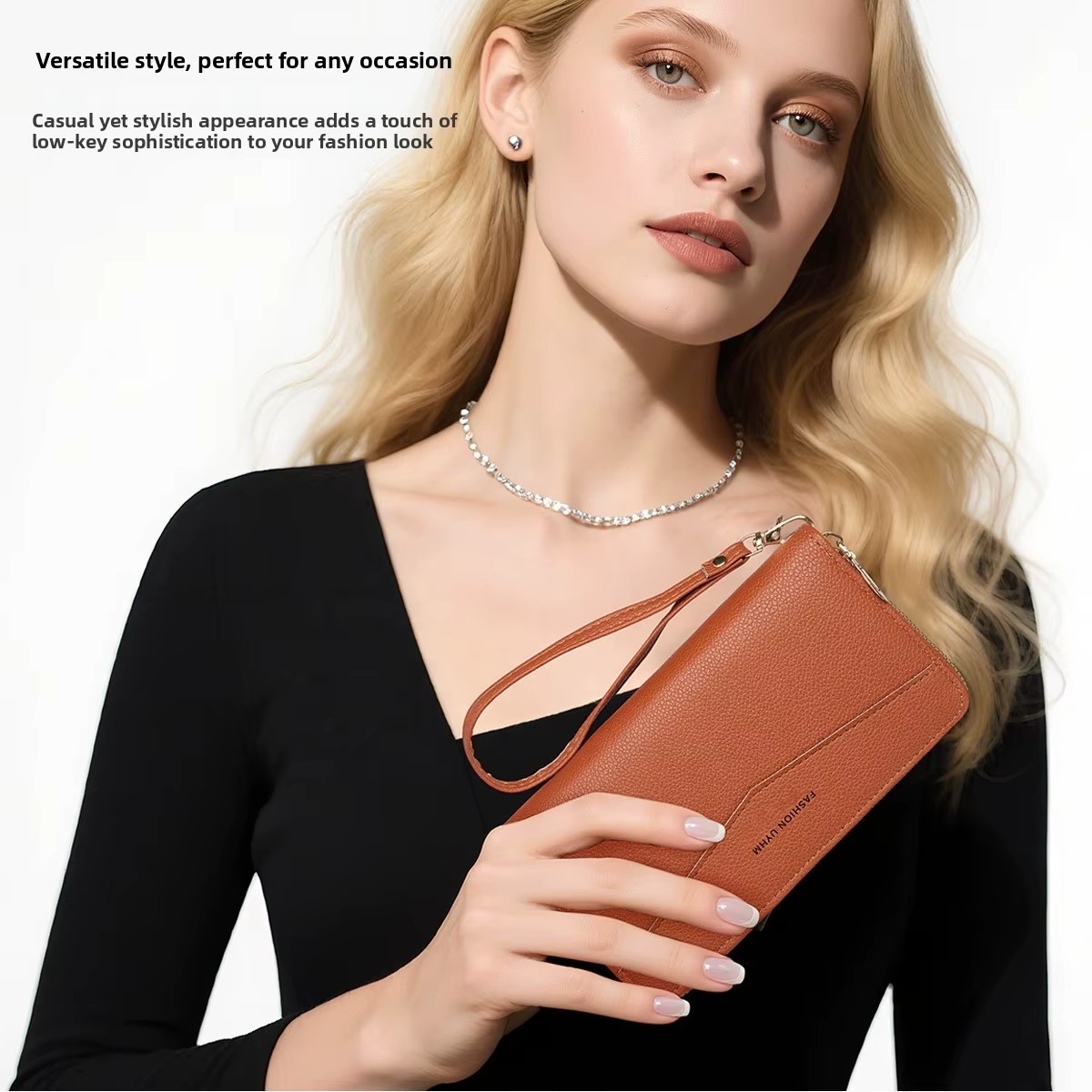 Women Wallet PU Leather Purse Female Long Wallet Women's High-End Portable Wallet Long Style Zipper Coin Purse Simple Lychee Texture PU Clutch Bag Daily Use Travel Party