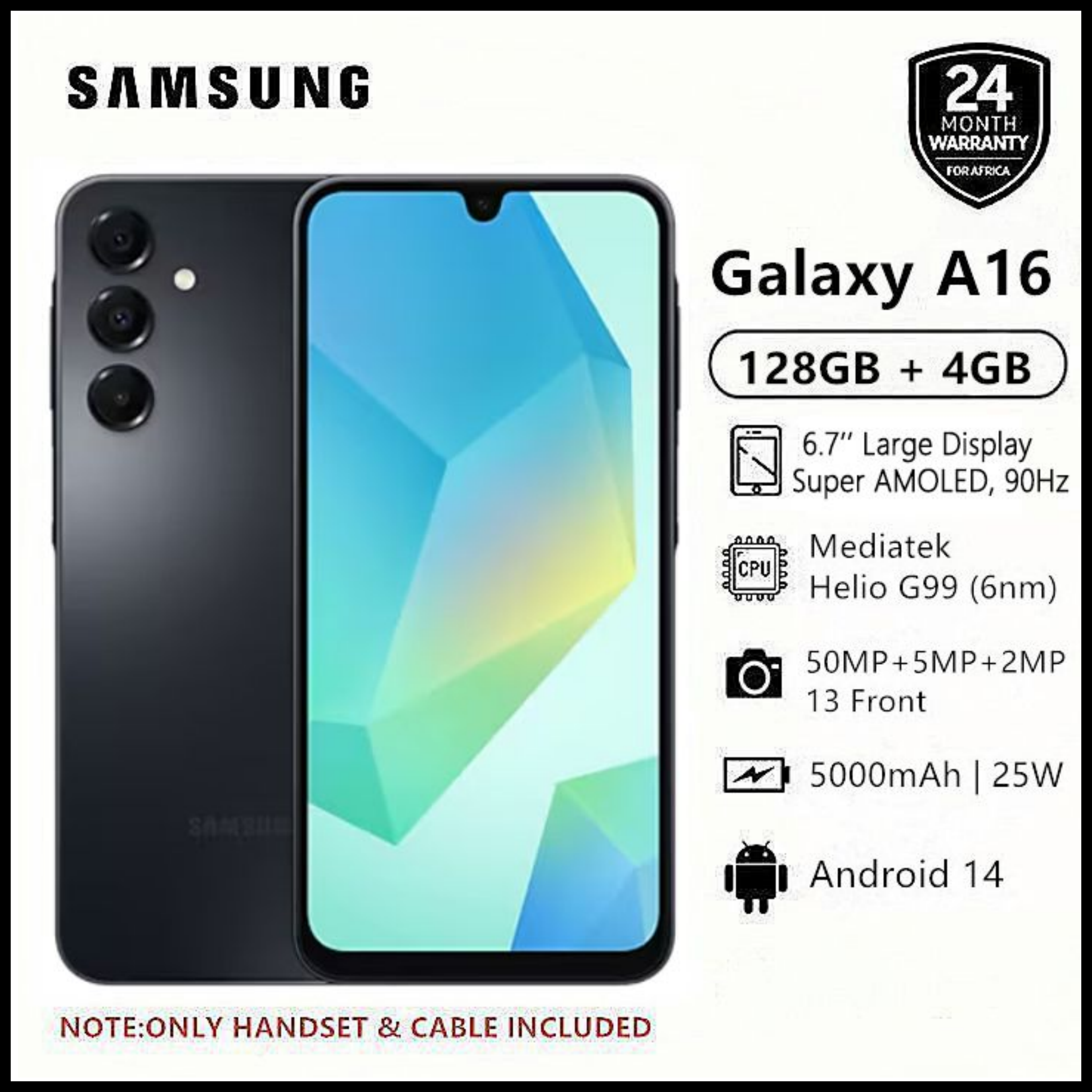 BRAND NEW  Samsung Galaxy A16 128GB+4GB 6.7" Super AMOLED D 50MP Triple Camera Android 14 Mediatek Helio G99 5000mAh 25W Type-C Charge Smart Phones phone samsung A16  A16 samsung+FREE GIFTS