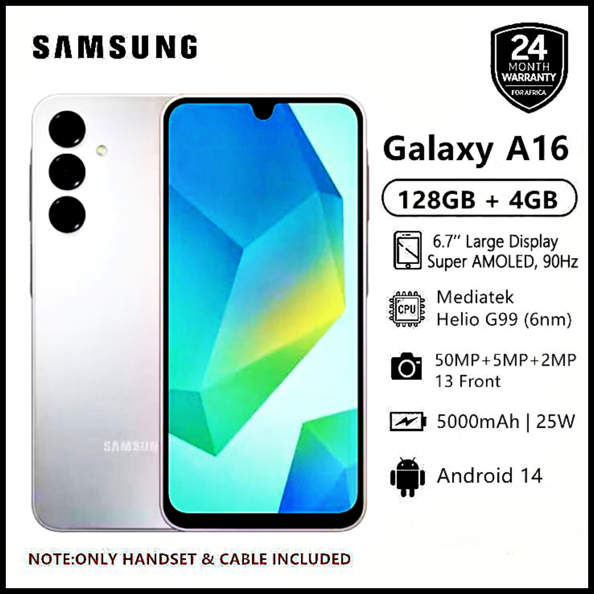 BRAND NEW  Samsung Galaxy A16 128GB+4GB 6.7" Super AMOLED D 50MP Triple Camera Android 14 Mediatek Helio G99 5000mAh 25W Type-C Charge Smart Phones phone samsung A16  A16 samsung+FREE GIFTS