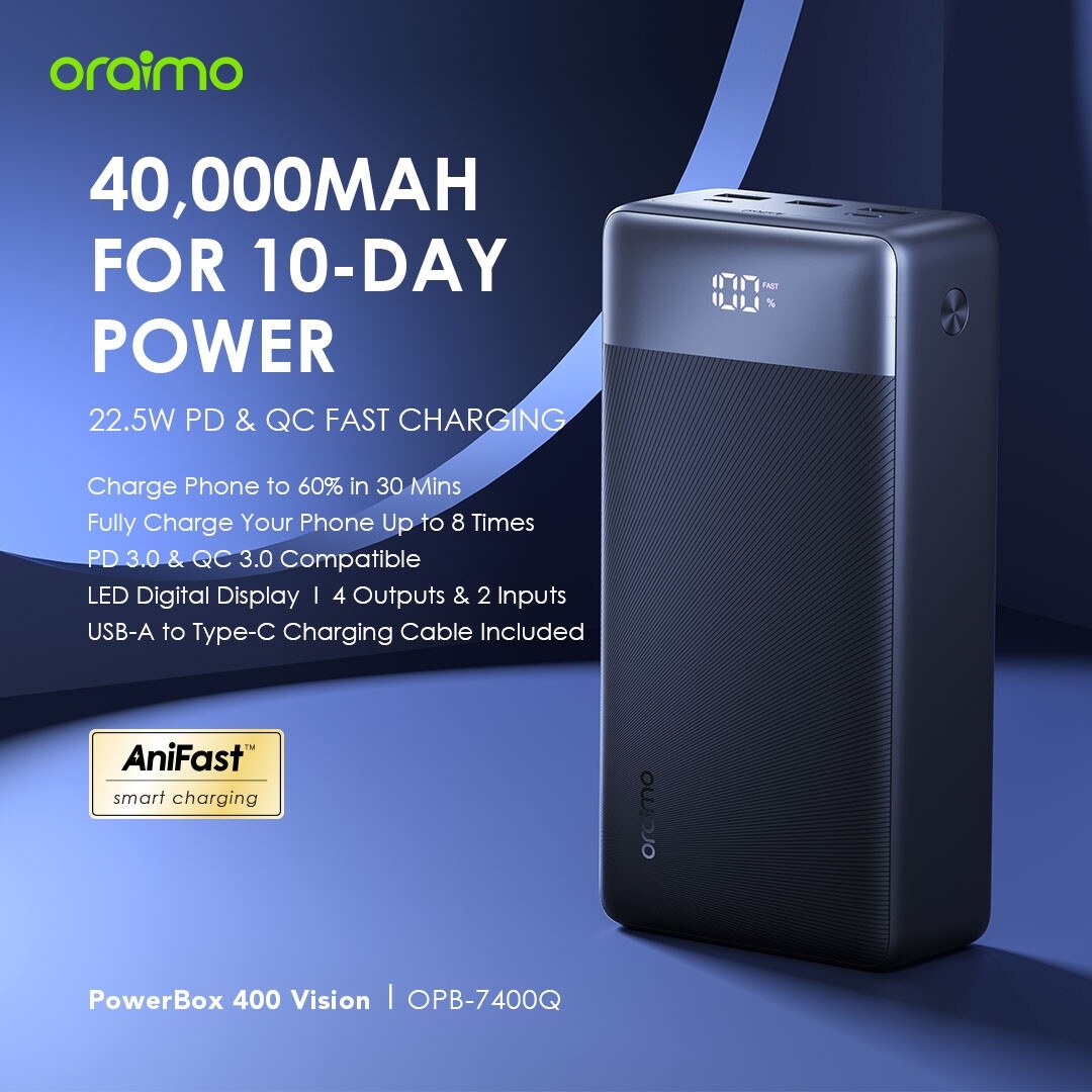 DISCOUNT DEALS!! Oraimo PowerBox 400 Vision: | 40000mAh | 22.5W 2-Way Recharging | 4-Device Charging | 4 Outputs | USB-A/Type-C Ports | LED Digital Display | Overcurrent Protection | Power Banks