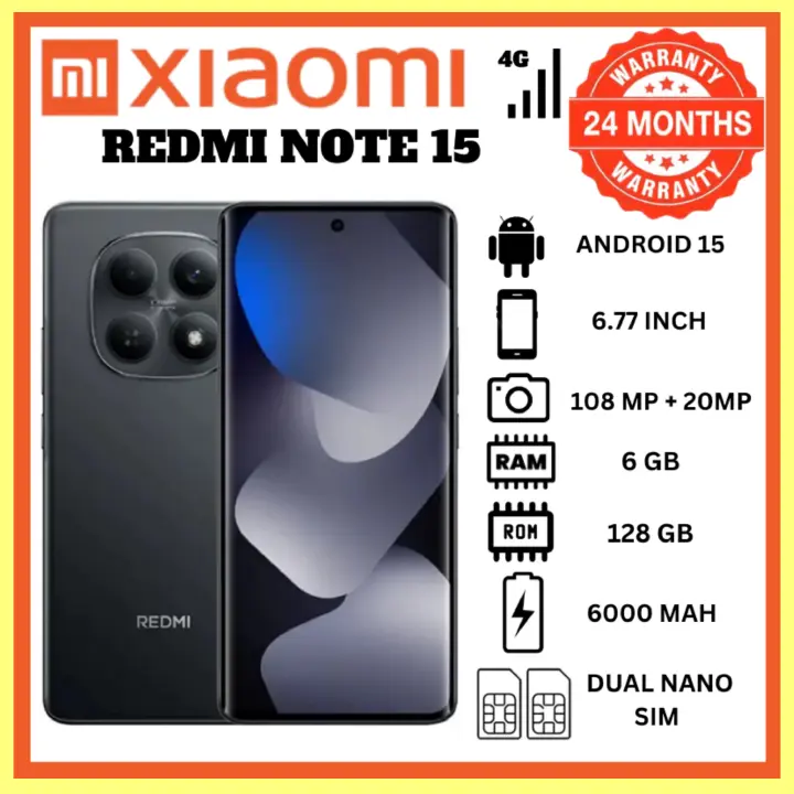KILIMALL ANNIVERSARY DEALS XIAOMI REDMI Note 15 Smartphone 6.77" AMOLED Display 8GB + 256GB Dual SIM 108MP main camera 20MP camera 6000mAh battery 33W In-screen fingerprint 120Hz +FREE MAGSAFE