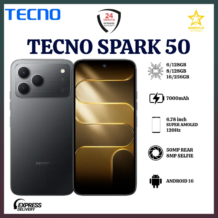 NEW ARRIVAL DEALS!!!BRAND NEW TECNO SPARK 50 4G SMARTPHONE 128GB ROM+ 4GB RAM 6.78" INCH SCREEN 120Hz REFRESH RATE 6700mAh Battery 18W FAST CHARGING, 50MP CAMERA-smartphone