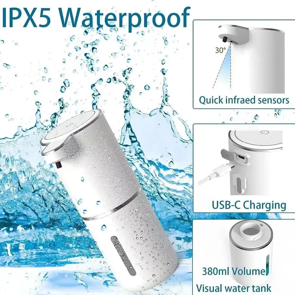 Waterproof Automatic Soap Dispenser 350ml Foaming Soap Dispenser Type C Rechargeable Electric Adjustable Foam Soap Dispenser