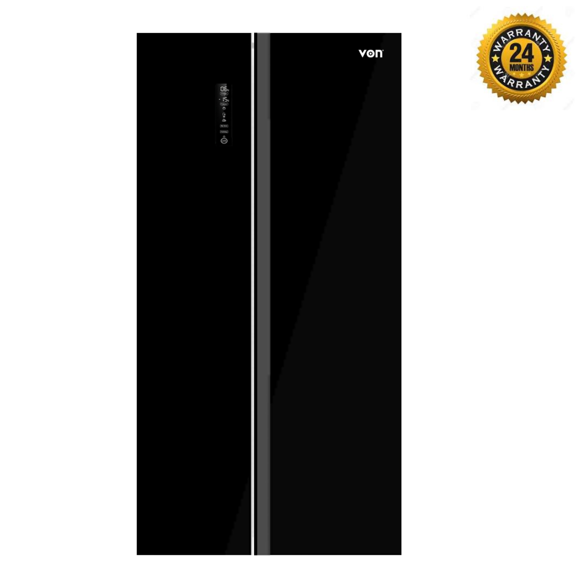 VON  442L NO FROST Side by Side Refrigerator Eco Smart Mode Inverter Compressor 2 Star Energy Rating Black Mirror Glass Finish