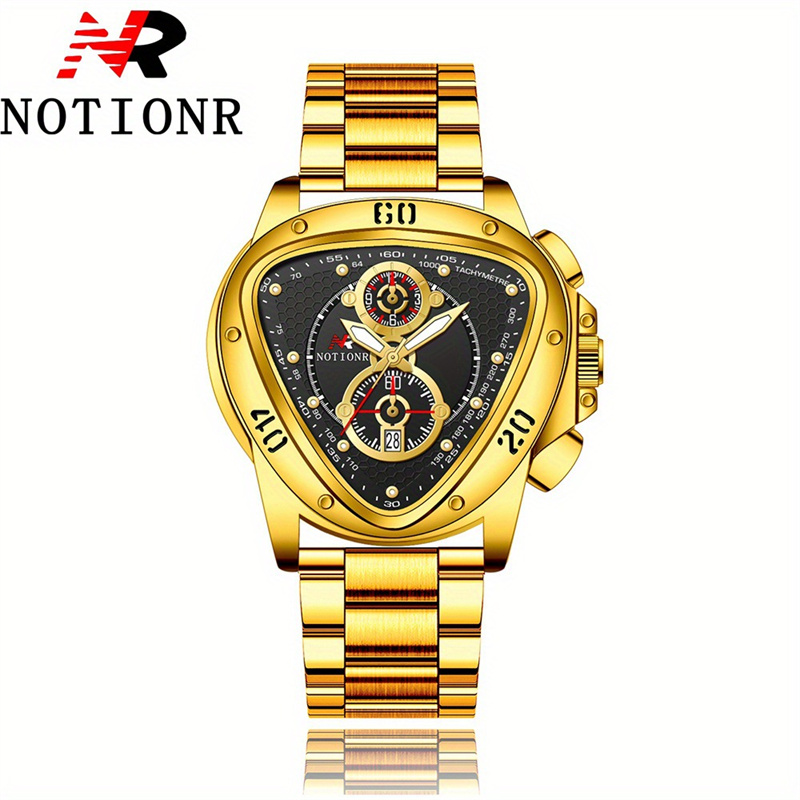 NOTIONR Luxury Men's Quartz Watch Triangle Chronograph Dial Gold Tone Stainless Steel Band Date Display Casual Business Wristwatch