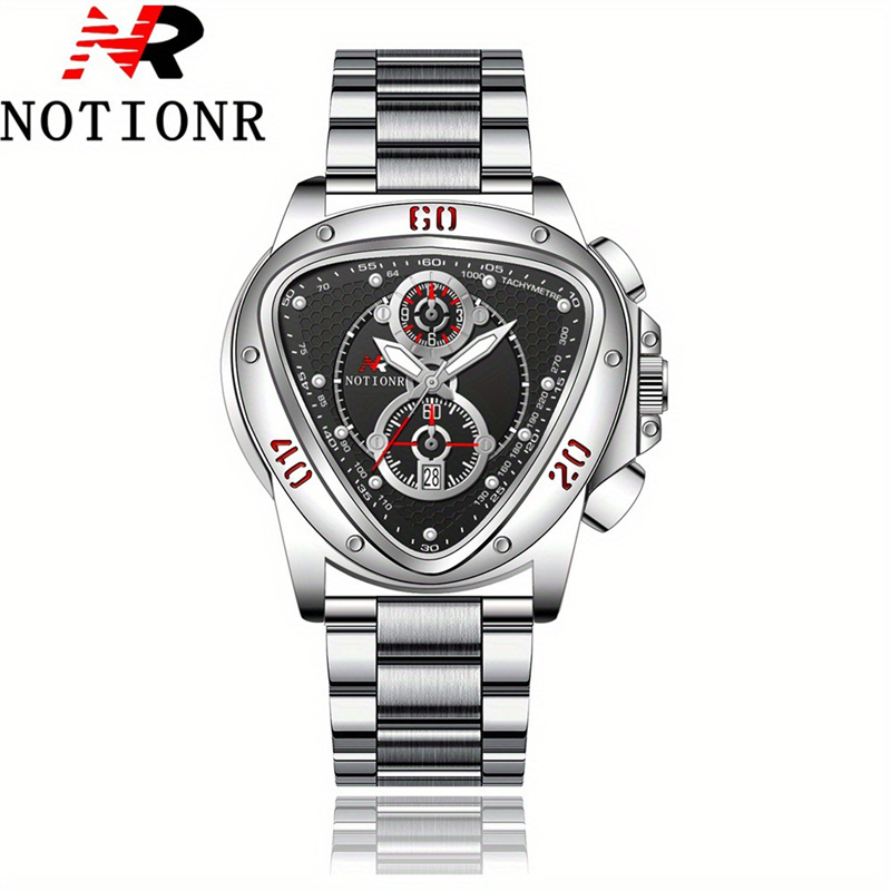 NOTIONR Luxury Men's Quartz Watch Triangle Chronograph Dial Gold Tone Stainless Steel Band Date Display Casual Business Wristwatch