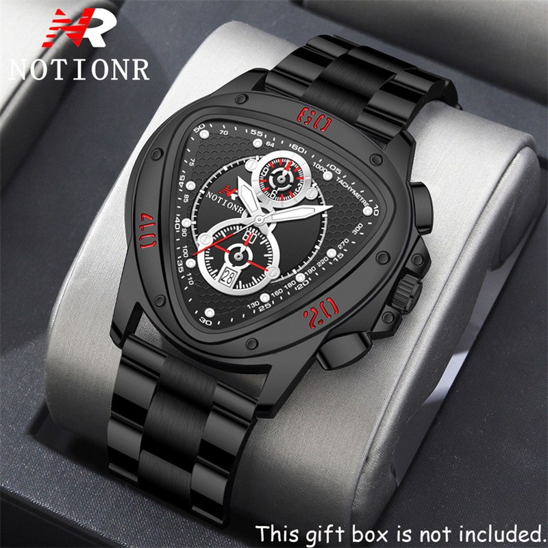 NOTIONR Luxury Men's Quartz Watch Triangle Chronograph Dial Gold Tone Stainless Steel Band Date Display Casual Business Wristwatch