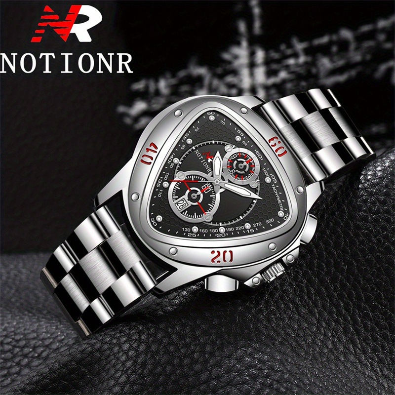 NOTIONR Luxury Men's Quartz Watch Triangle Chronograph Dial Gold Tone Stainless Steel Band Date Display Casual Business Wristwatch