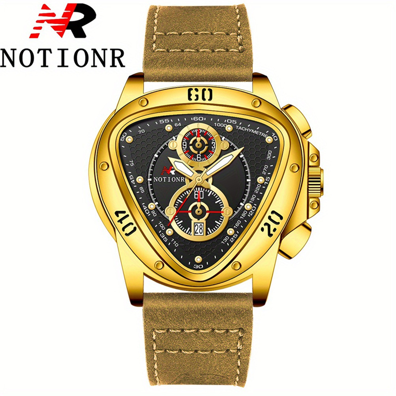 NOTIONR Luxury Men's Quartz Watch Triangle Chronograph Dial Gold Tone Stainless Steel Band Date Display Casual Business Wristwatch