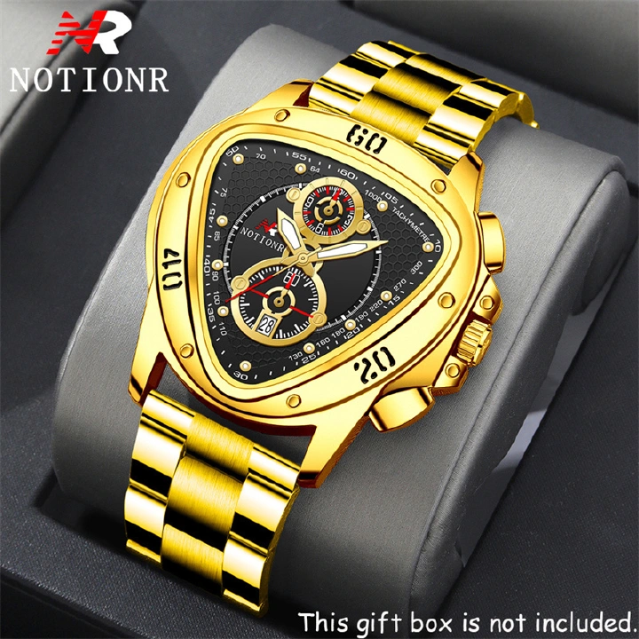 NOTIONR Luxury Men's Quartz Watch Triangle Chronograph Dial Gold Tone Stainless Steel Band Date Display Casual Business Wristwatch