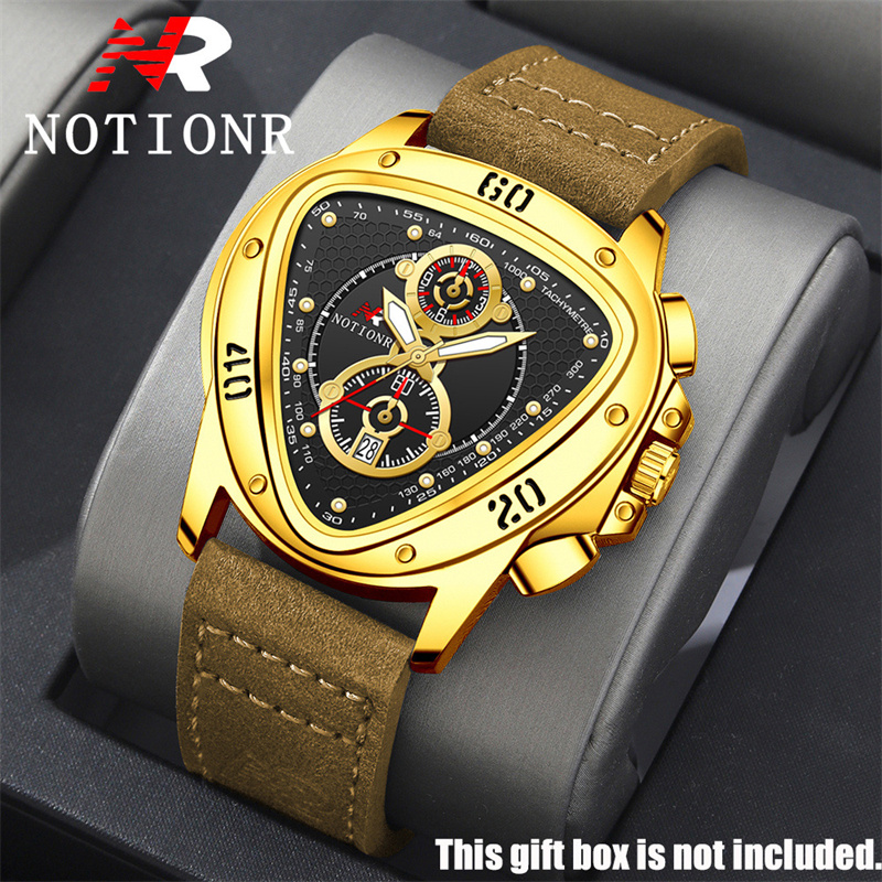 NOTIONR Luxury Men's Quartz Watch Triangle Chronograph Dial Gold Tone Stainless Steel Band Date Display Casual Business Wristwatch