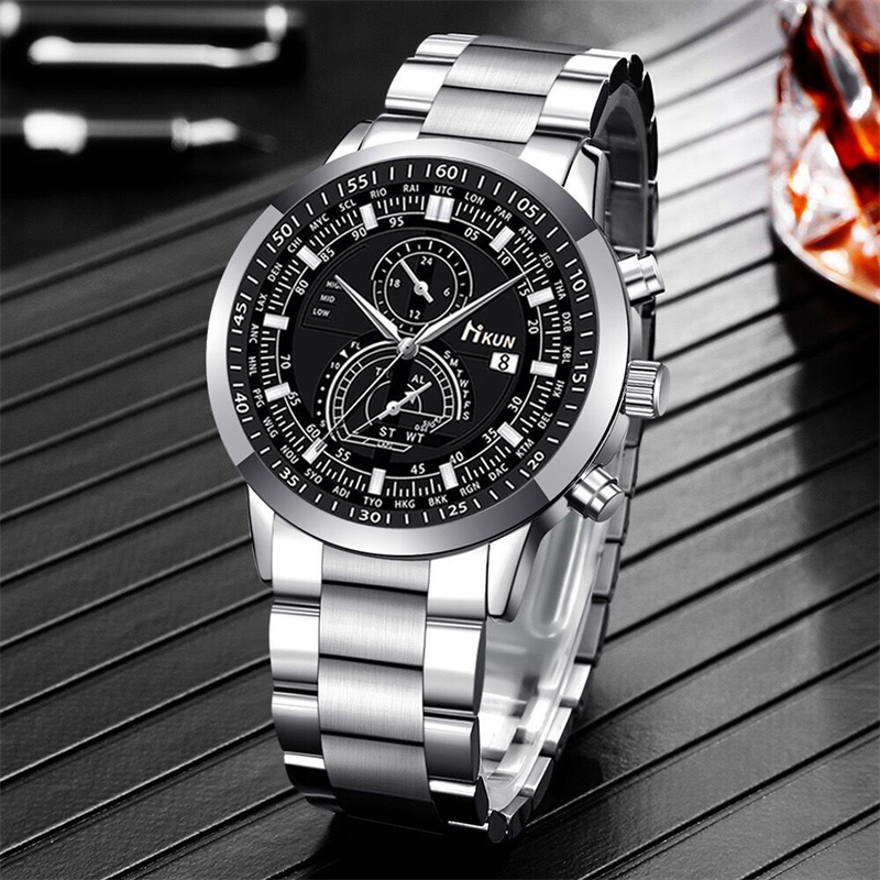 Gold Tone African Men's 3-Piece Set Fashion Business Quartz Chronograph Watch Cuban Bracelet Lion Pendant Necklace Stainless Steel Jewelry Gift Set