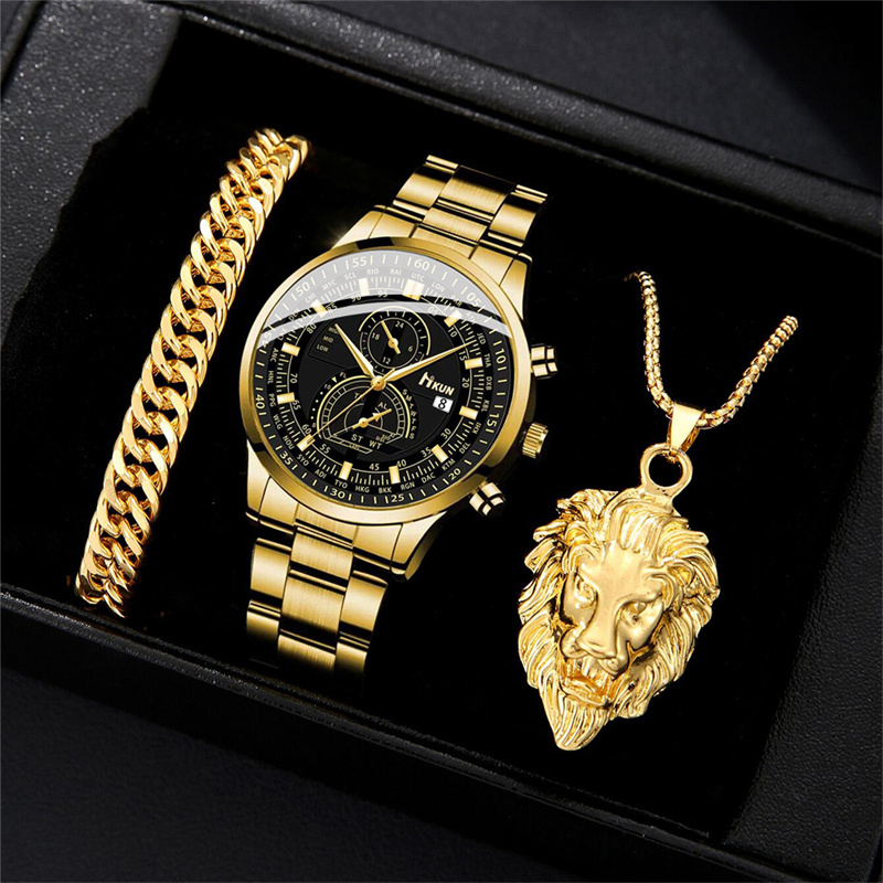 Gold Tone African Men's 3-Piece Set Fashion Business Quartz Chronograph Watch Cuban Bracelet Lion Pendant Necklace Stainless Steel Jewelry Gift Set