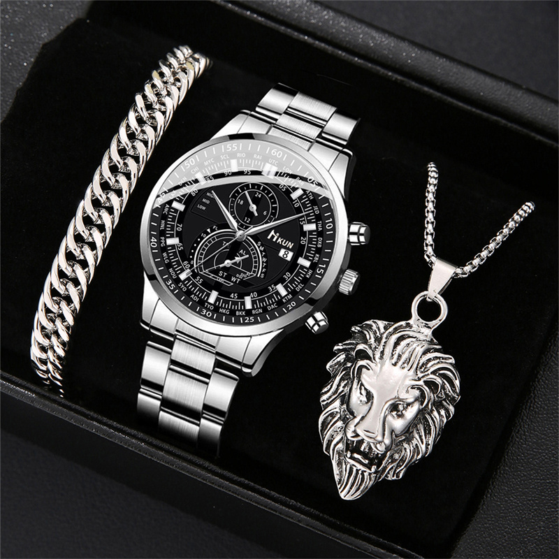 Gold Tone African Men's 3-Piece Set Fashion Business Quartz Chronograph Watch Cuban Bracelet Lion Pendant Necklace Stainless Steel Jewelry Gift Set