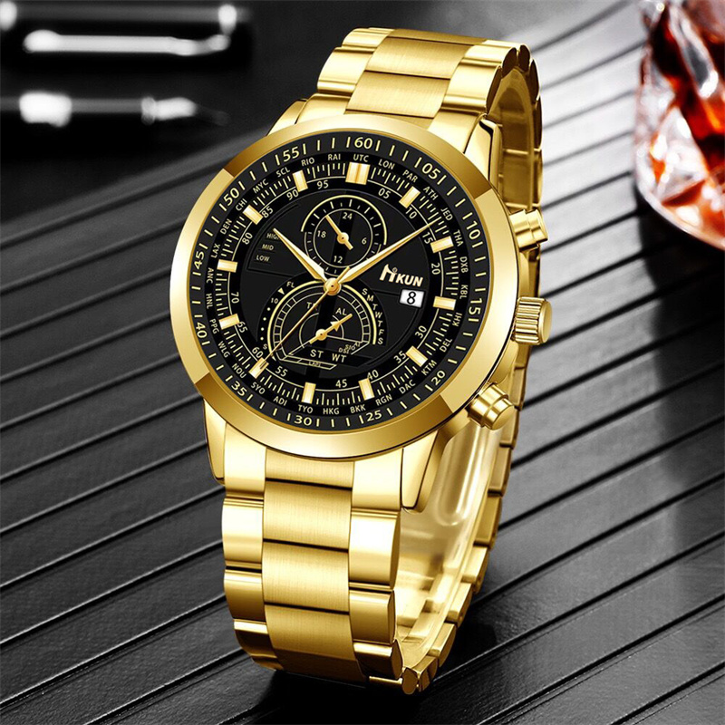 Gold Tone African Men's 3-Piece Set Fashion Business Quartz Chronograph Watch Cuban Bracelet Lion Pendant Necklace Stainless Steel Jewelry Gift Set