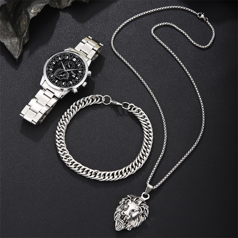 Gold Tone African Men's 3-Piece Set Fashion Business Quartz Chronograph Watch Cuban Bracelet Lion Pendant Necklace Stainless Steel Jewelry Gift Set