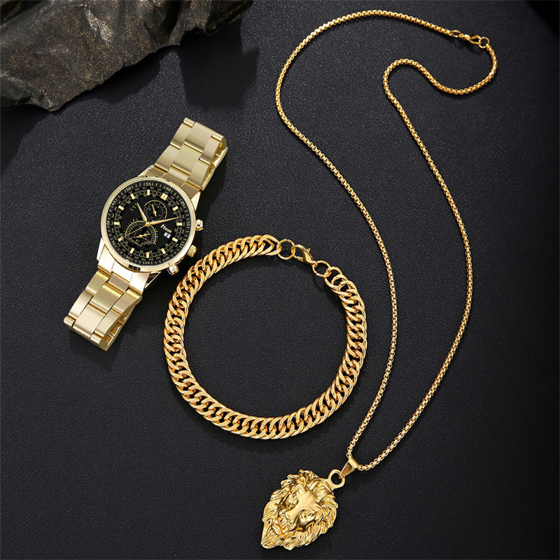 Gold Tone African Men's 3-Piece Set Fashion Business Quartz Chronograph Watch Cuban Bracelet Lion Pendant Necklace Stainless Steel Jewelry Gift Set