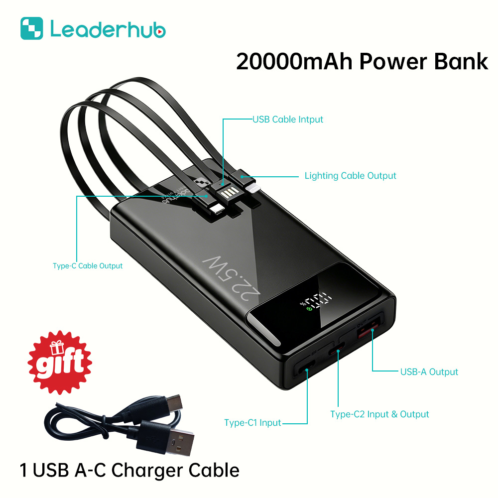 Leaderhub Actual 5000mAh/20000mAh Power Bank - NO Fake Capacity - 22.5W Fast Charger with 3 Cables - Charges 5000mAh Phone 4X - Digital Display - Type C Portable Battery Pack