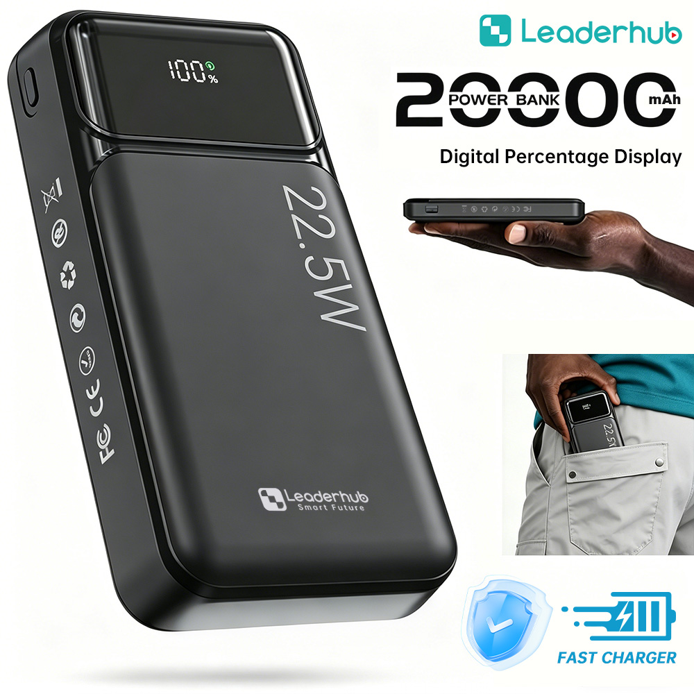 Leaderhub Actual 5000mAh/20000mAh Power Bank - NO Fake Capacity - 22.5W Fast Charger with 3 Cables - Charges 5000mAh Phone 4X - Digital Display - Type C Portable Battery Pack