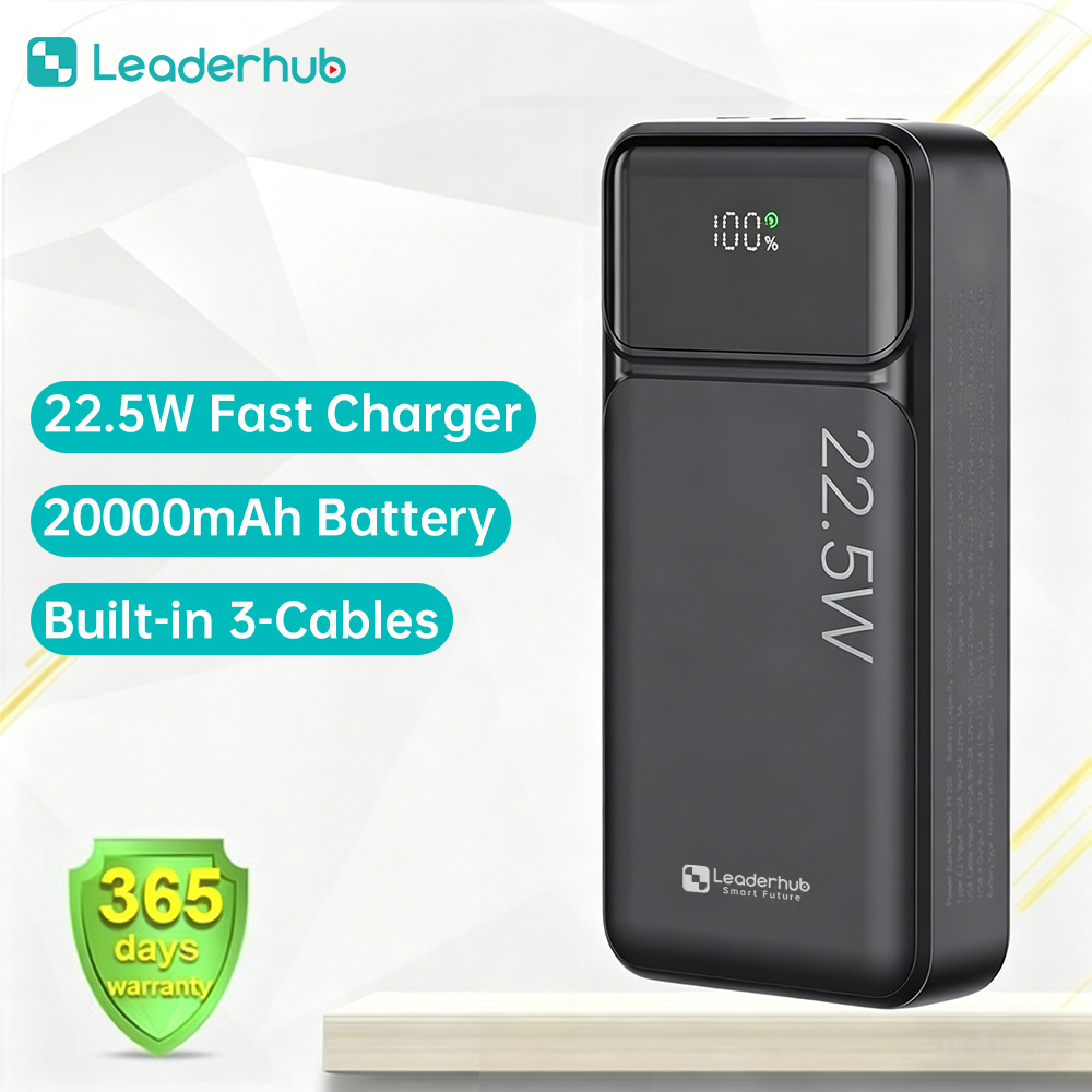 Leaderhub Actual 5000mAh/20000mAh Power Bank - NO Fake Capacity - 22.5W Fast Charger with 3 Cables - Charges 5000mAh Phone 4X - Digital Display - Type C Portable Battery Pack
