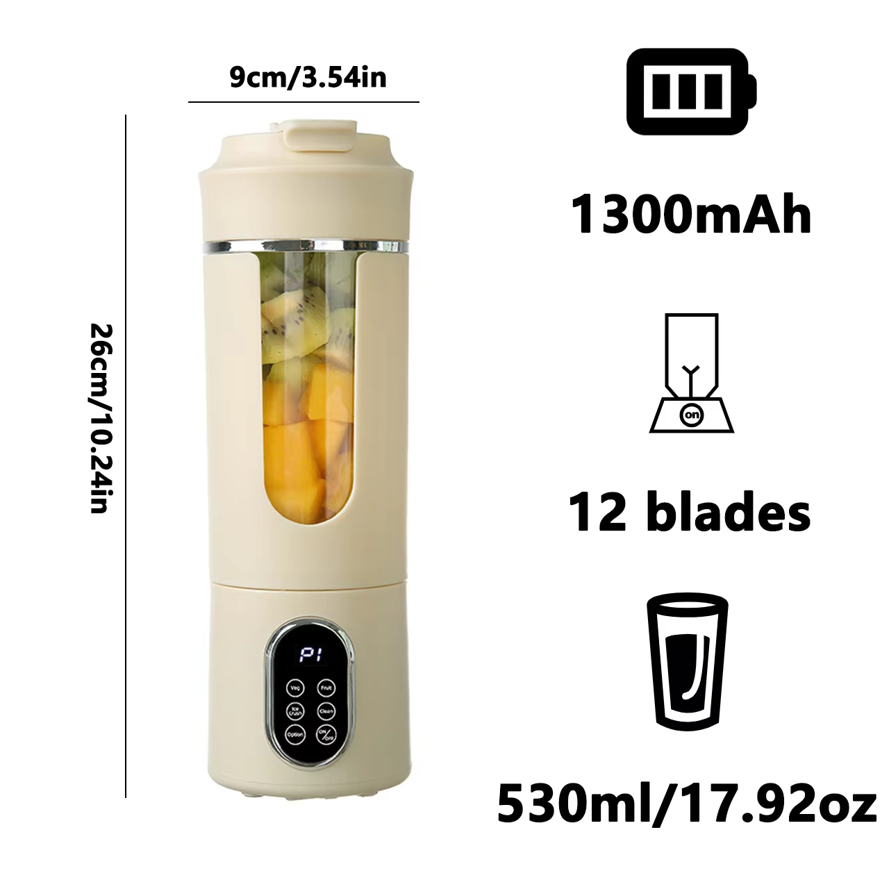 530ml portable juicer with wireless USB charging and ice crushing electric juicer, 12 blade 4-speed 7.4V mini fresh juice mixer