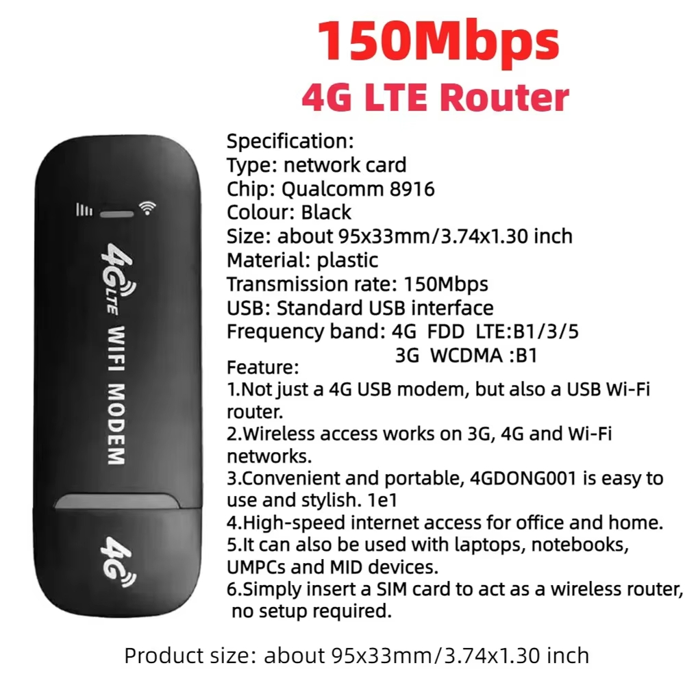USB Dongle Mobile Broadband Wireless Router 4G LTE Modem Stick Wireless 150Mbps 4G Sim Card Home Office Wireless WiFi Adapter