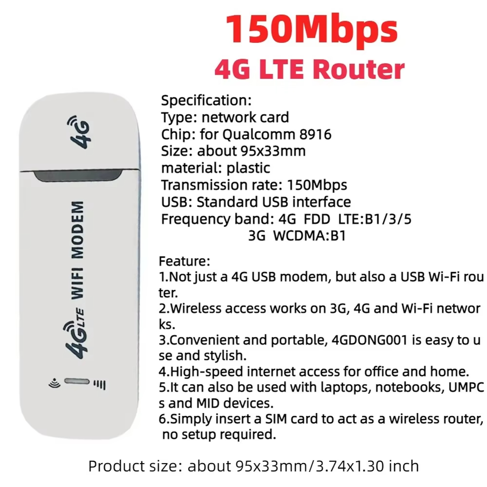 USB Dongle Mobile Broadband Wireless Router 4G LTE Modem Stick Wireless 150Mbps 4G Sim Card Home Office Wireless WiFi Adapter
