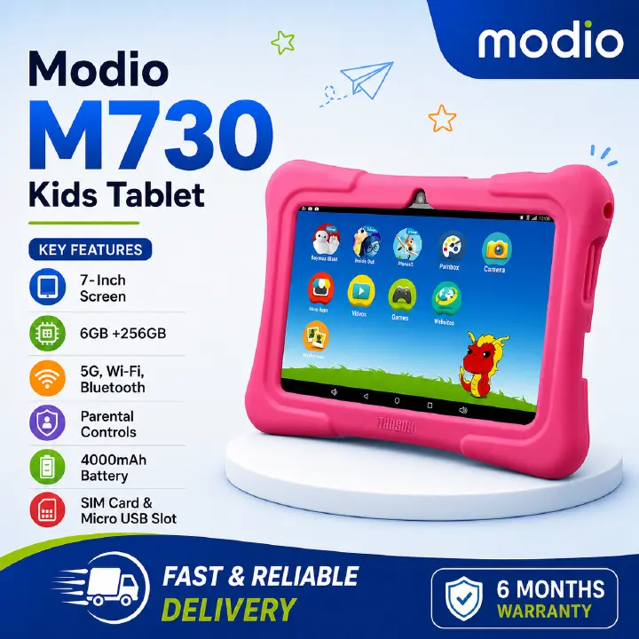 Modio M730 5G 6GB/256GB Android Kids Educational Tablet,  7-inch Screen Display Size, Android 10.0 OS, 4000mAh Battery, MTK6582 Quad-Core, SIM Card Slot, Wi-Fi, Bluetooth, Micro USB, Parental Controls