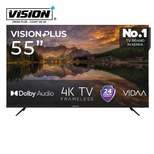VISION PLUS 55" INCHES VP8855KV 4K Frameless V+ OS Smart TV BLUETOOTH BUILT-IN WIFI NETFLIX YOUTUBE DOLBY AUDIO VOICE CONTROL SCREEN SHARE+FREE TV GUARD AND WALL BRACKET-2 YEARS WARRANTY