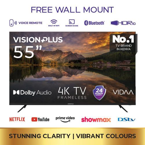 VISION PLUS 55" INCHES VP8855KV 4K Frameless V+ OS Smart TV BLUETOOTH BUILT-IN WIFI NETFLIX YOUTUBE DOLBY AUDIO VOICE CONTROL SCREEN SHARE+FREE TV GUARD AND WALL BRACKET-2 YEARS WARRANTY