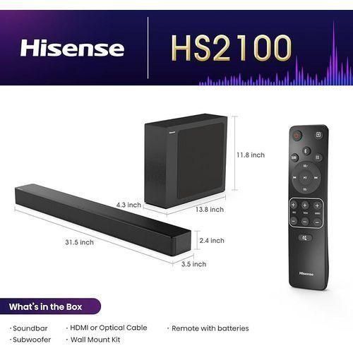 HISENSE HS2100 2.1 CH 240W SOUND BAR WITH WIRELESS SUBWOOFER - DTS VIRTUAL X, DOLBY AUDIO, 6 EQ MODES, HDMI ARC, BLUETOOTH 5.3-1 YEAR WARRANTY