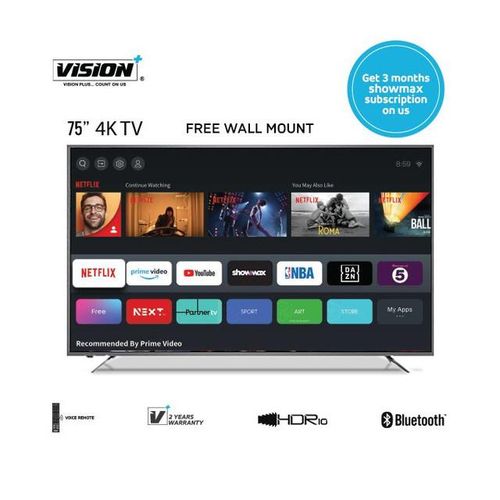 VISION PLUS 75" INCH VP8877KV 4K UHD VIDAA SMART TV WITH VOICE CONTROL,NETFLIX,YOUTUBE,2 USB,3 HDMI+ FREE TV GUARD AND WALL BRACKET -2 YEARS WARRANTY