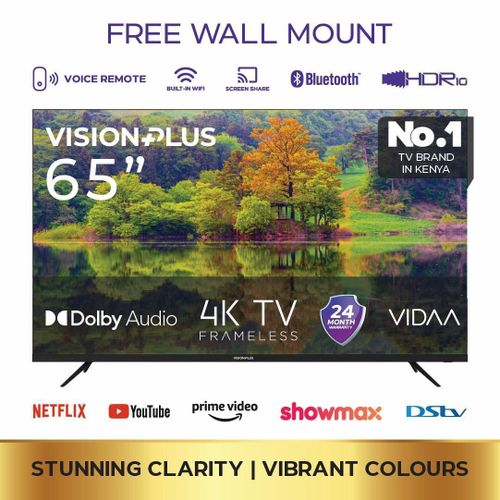 VISION PLUS 65" INCH VP8855KV FRAMELESS 4K UHD SMART TV VIDAA+ OS, NETFLIX OFFICIAL YOUTUBE, DOLBY AUDIO, BLUETOOTH + FREE WALL MOUNT AND TV GUARD- 2YRS WARRANTY