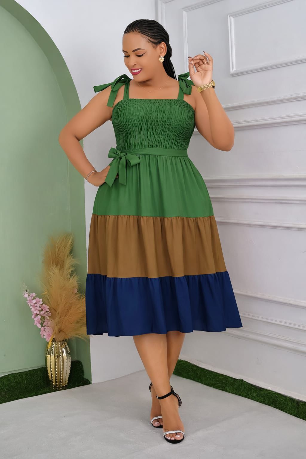Women Sleeveless A-Line Midi Dress Color Block  Casual Loose Fit Summer Fashion Dress with Adjustable Tie Shoulder Straps Elegant Style Large to 2XL