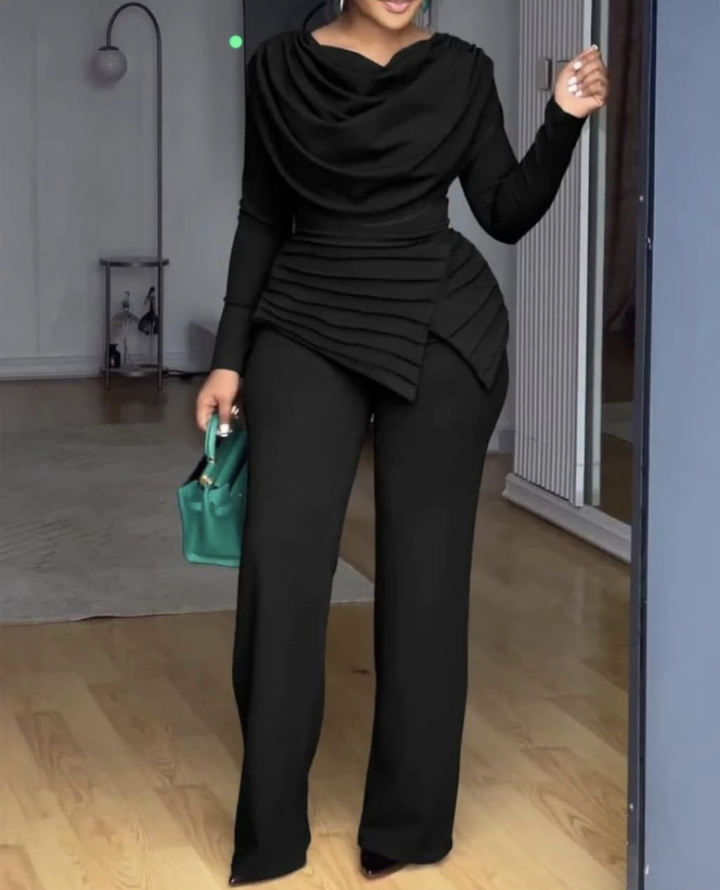 Elegant Women's Jumpsuit – Long Sleeve Draped Neck Wide Leg Jumpsuit – Office Wear Casual Chic Outfit Black, Blue, and White M-2XL